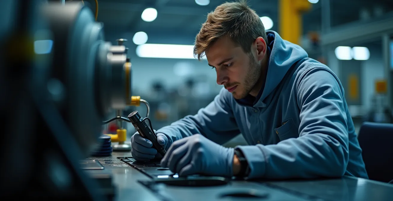 Travailleur en formation technologique dans un atelier aéronautique moderne