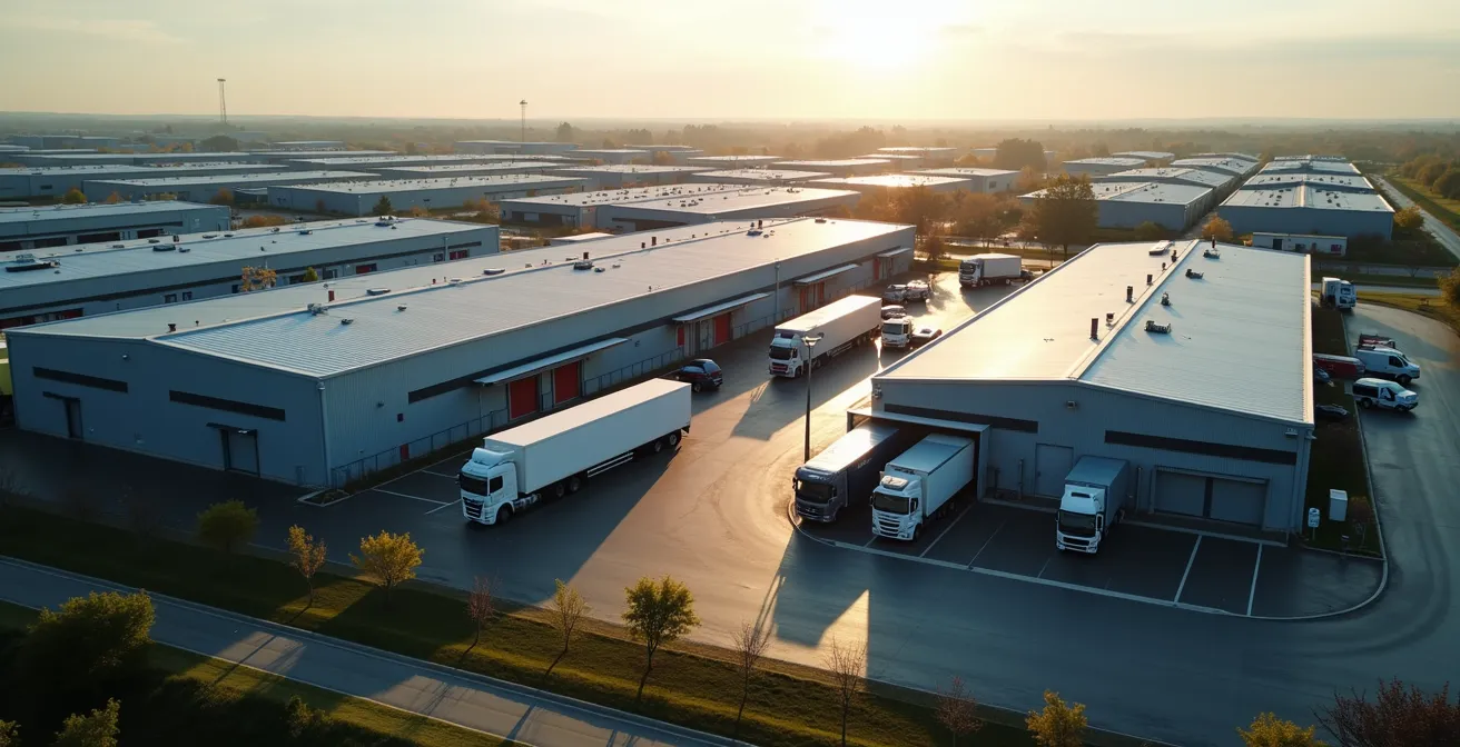 Vue aérienne des zones d’activités industrielles et logistiques autour de Toulouse